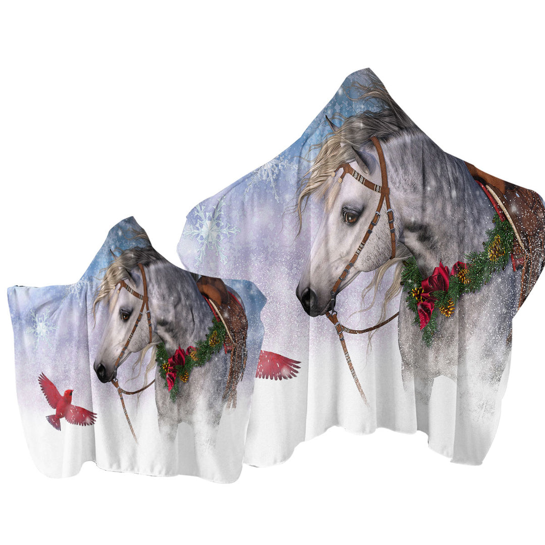 Snowy Christmas with Red Bird and White Horse Towel with Hood