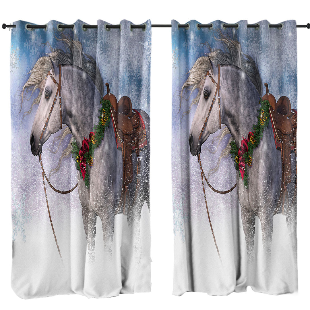 Snowy Christmas with White Horse Curtains