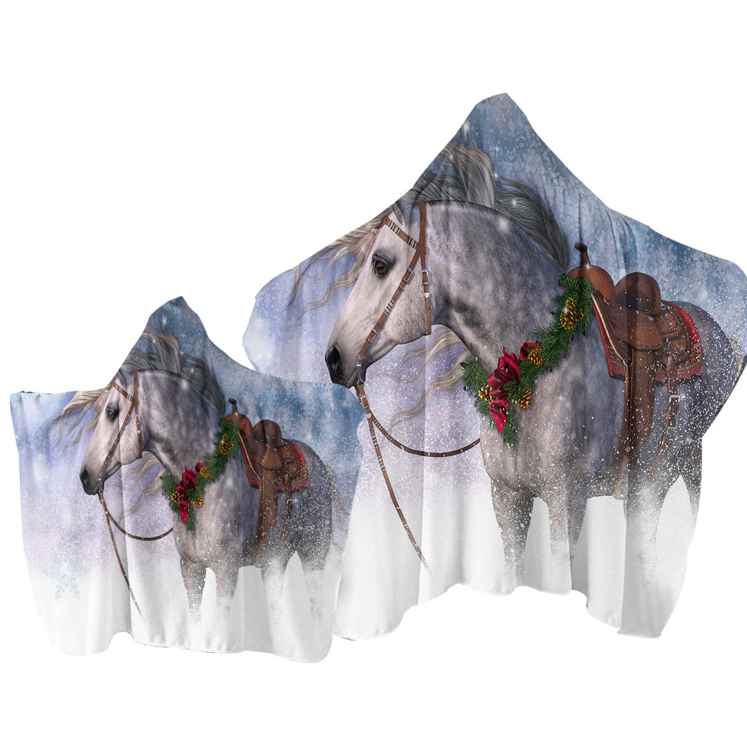 Snowy Christmas with White Horse Hooded Beach Towel