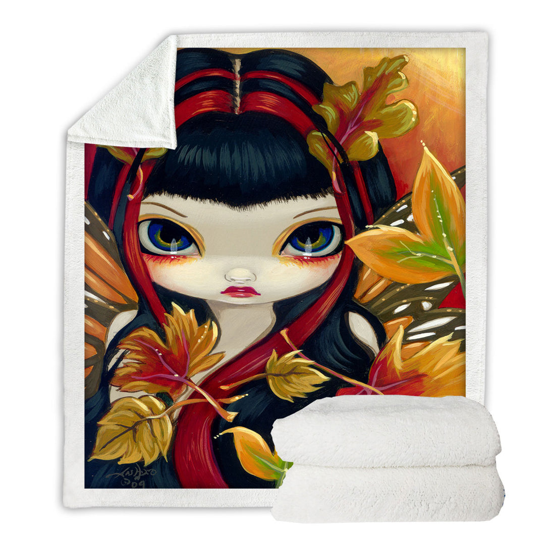 Sofa Blankets with Autumn Leaves Big Eyed Winged Girl