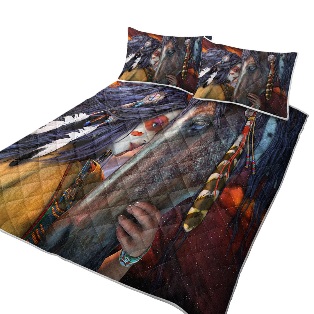 Soul Touch Native American Woman and Her Horse King Size Quilt Sets