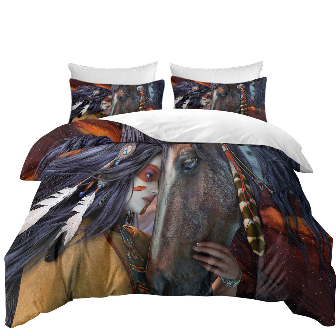 Soul Touch Native American Woman and Her Horse Queen Size Duvet Cover