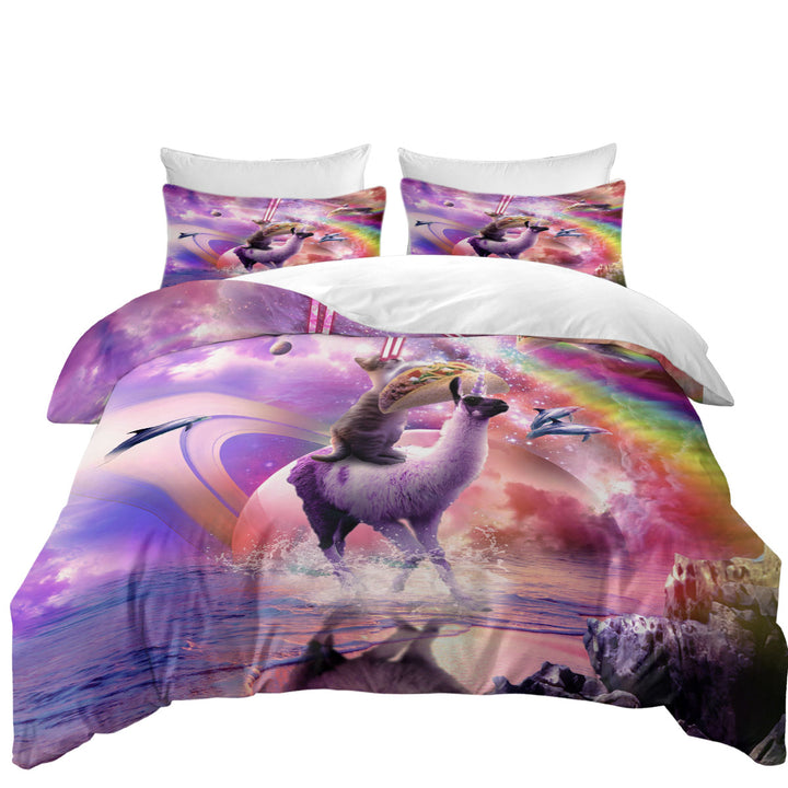 Space Cat on Llama Unicorn Eating Taco Cool Art King Quilt Cover