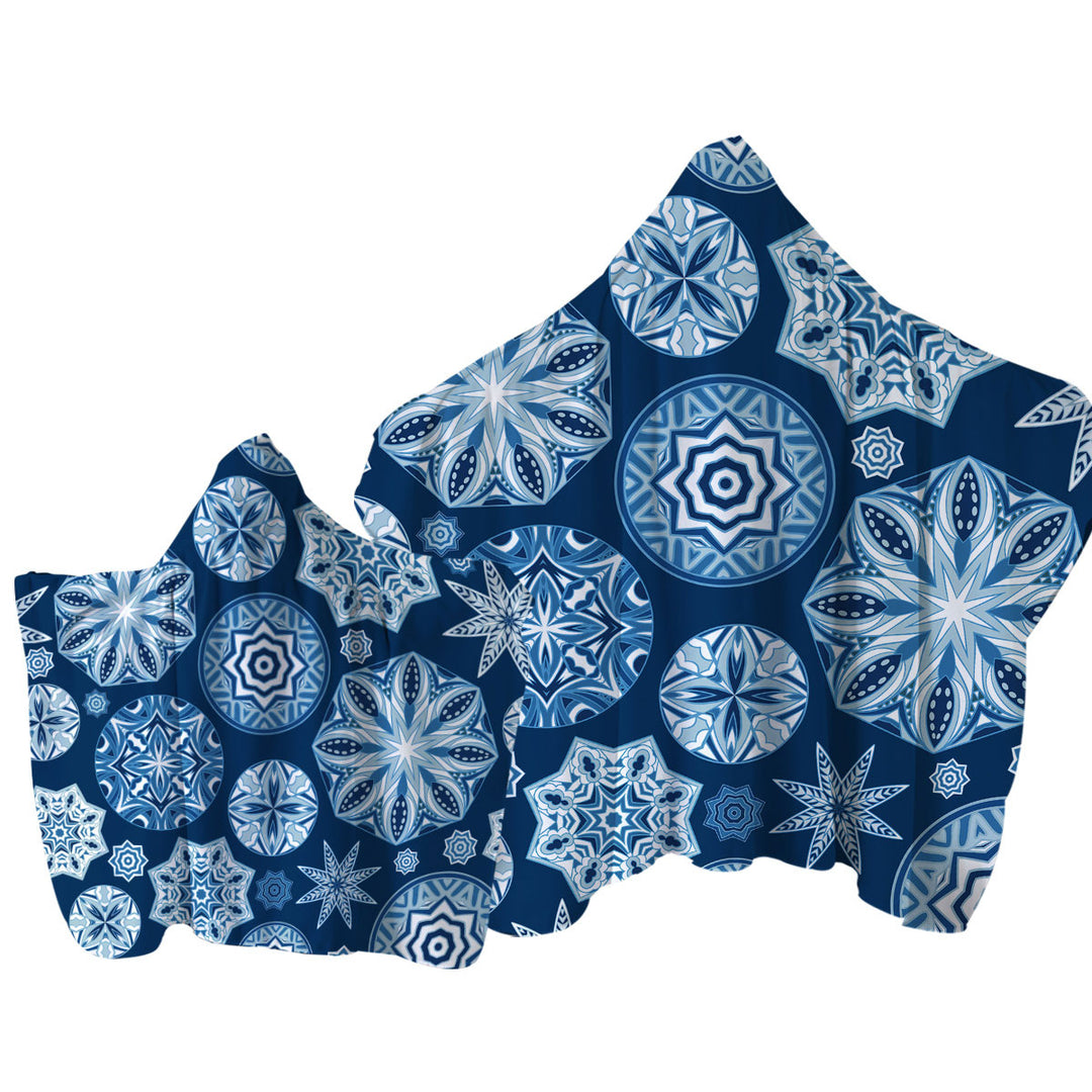 Sparkling Blue Snowflakes Mandalas Hooded Beach Towel