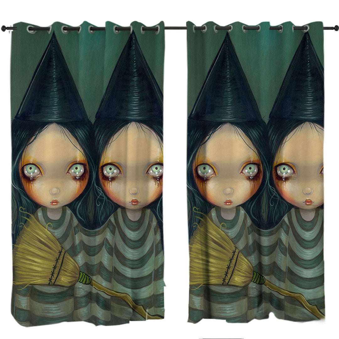 Spooky Halloween Design Siamese Witch Twins Curtains for Living Room