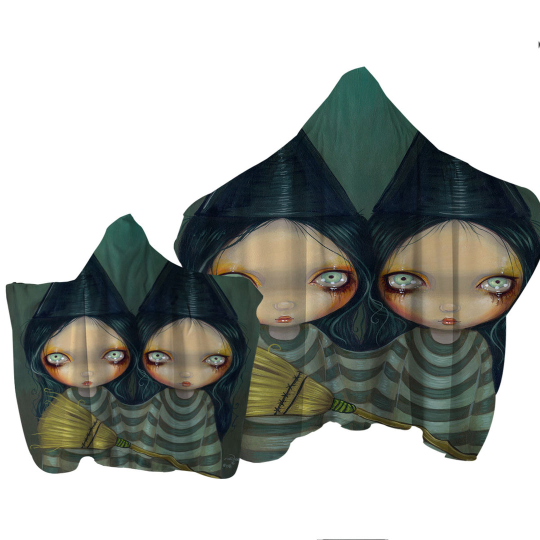 Spooky Halloween Design Siamese Witch Twins Towel with Hood