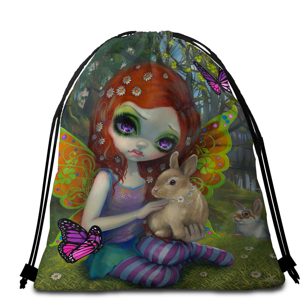 Spring Fairy by the Lake with Bunnies Beach Towel Bags