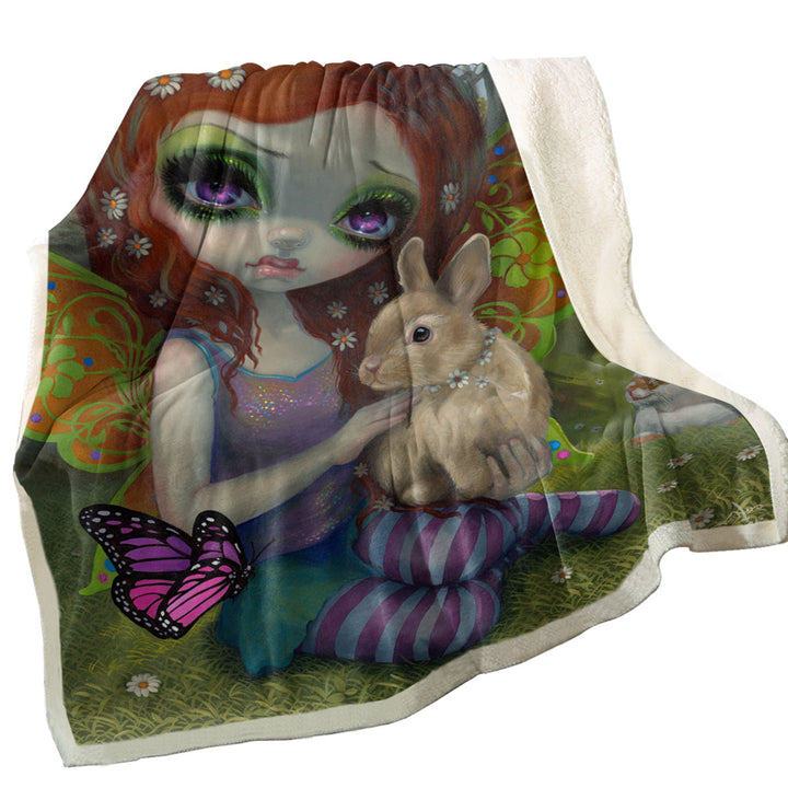 Spring Fairy by the Lake with Bunnies Throw Blanket