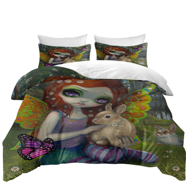 Spring Fairy by the Lake with Bunnies and Butterflies Duvet Cover