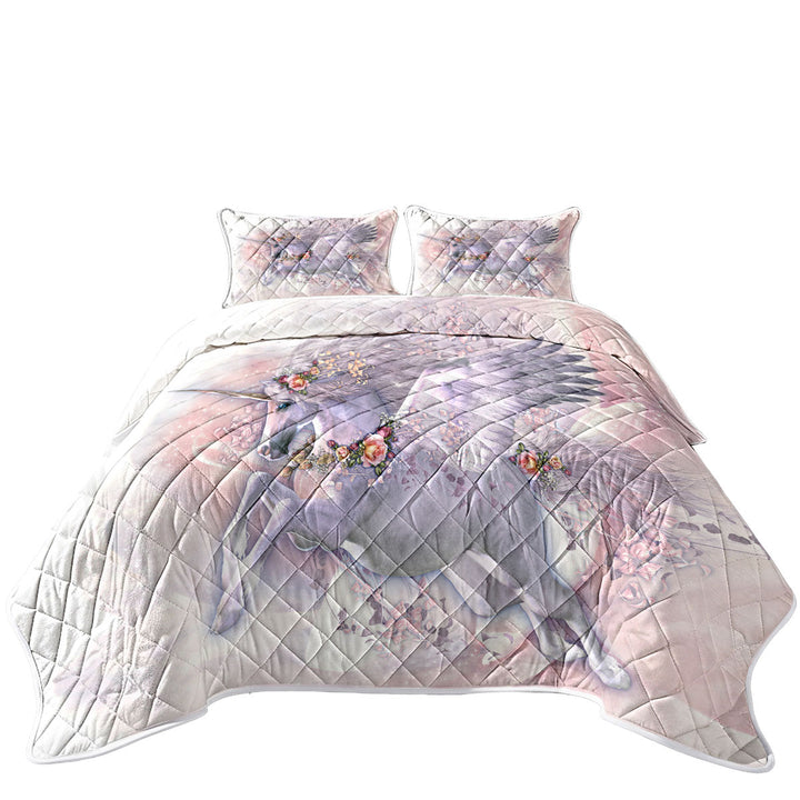 Spring Flight Rosy Roses and Unicorn Pegasus California King Quilt Sets