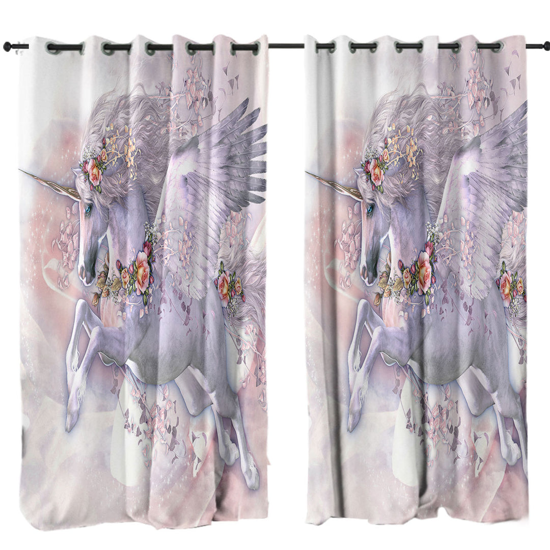 Spring Flight Rosy Roses and Unicorn Pegasus Drapes and Curtains