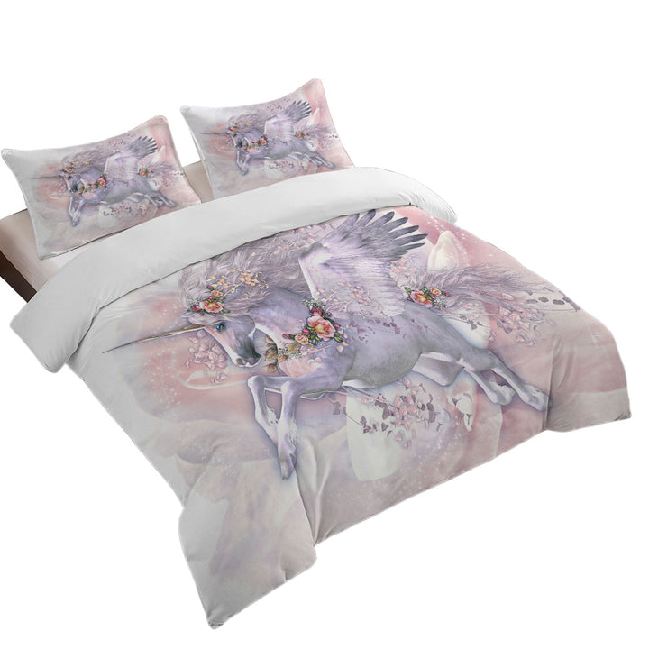 Spring Flight Rosy Roses and Unicorn Pegasus Duvet Covers