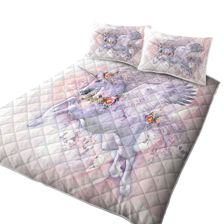 Spring Flight Rosy Roses and Unicorn Pegasus King Size Quilt Sets