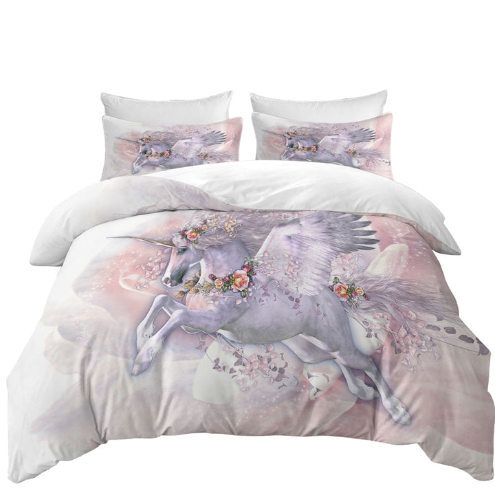 Spring Flight Rosy Roses and Unicorn Pegasus full Size Duvet Cover