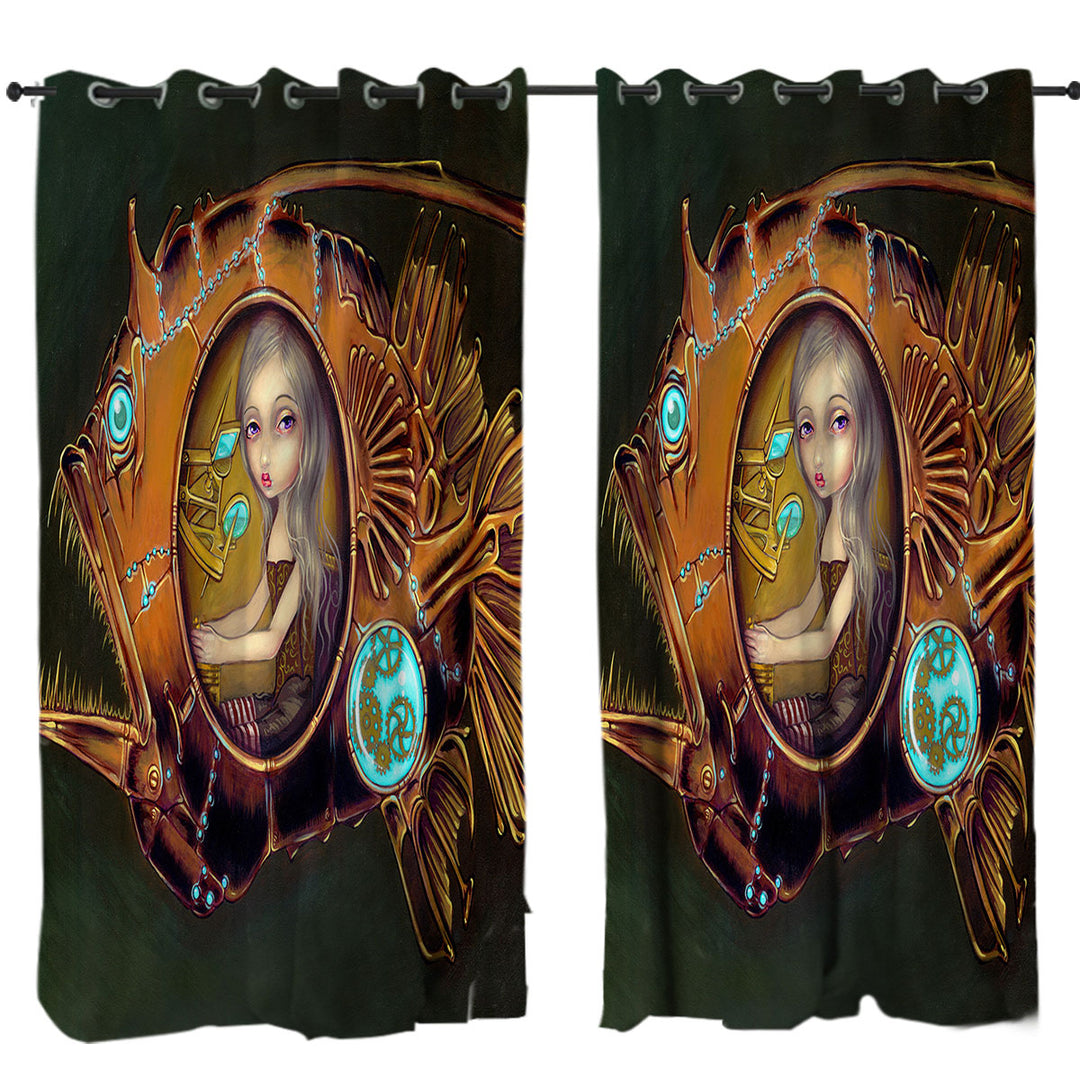 Steampunk Anglerfish Submarine Violet Eyed Girl Curtains for Living Room