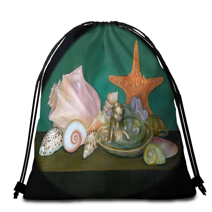 Still Life With a Mermaid and Sea Shells Beach Towel Bags