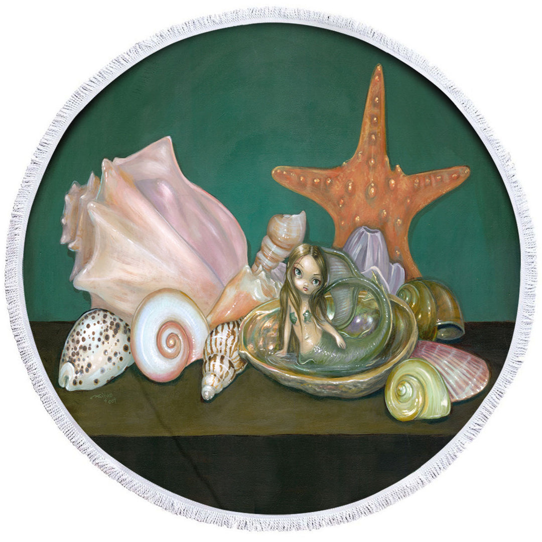 Still Life With a Mermaid and Sea Shells Round Towel