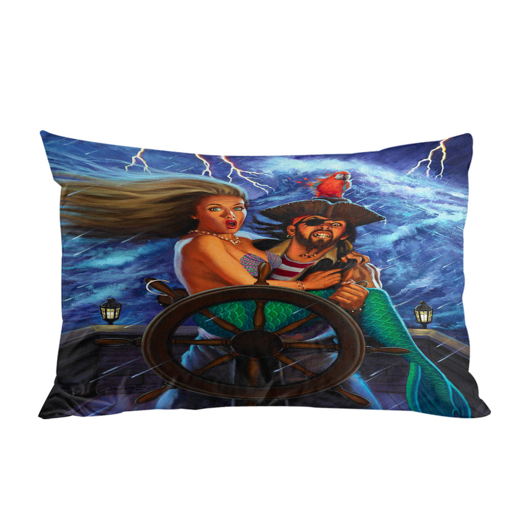 Stormy Ocean Pirate and Mermaid Fun Honeymoon Pillow Case Covers