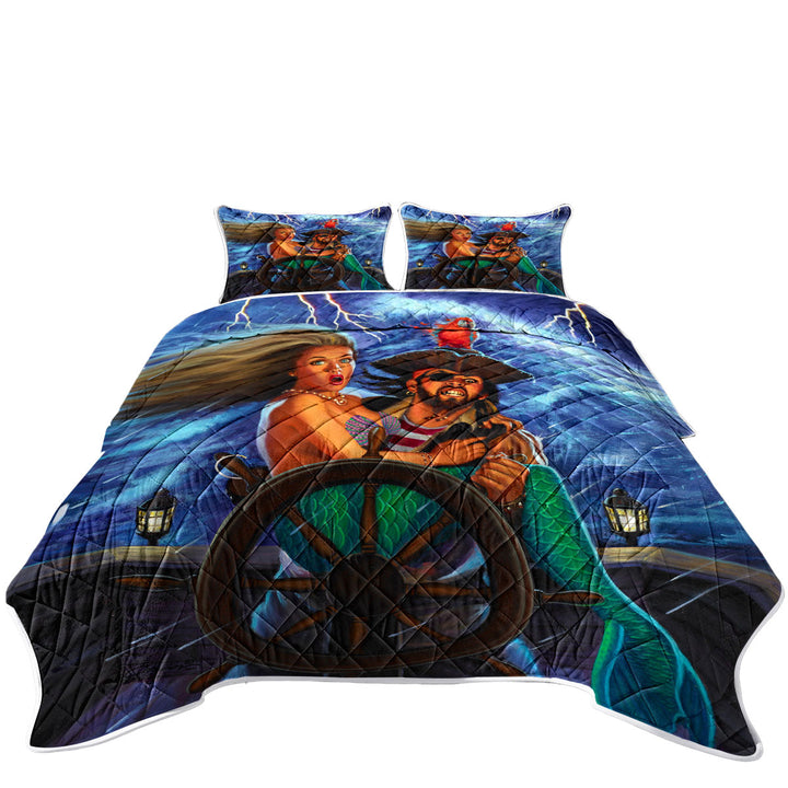 Stormy Ocean Pirate and Mermaid Fun Honeymoon Quilt