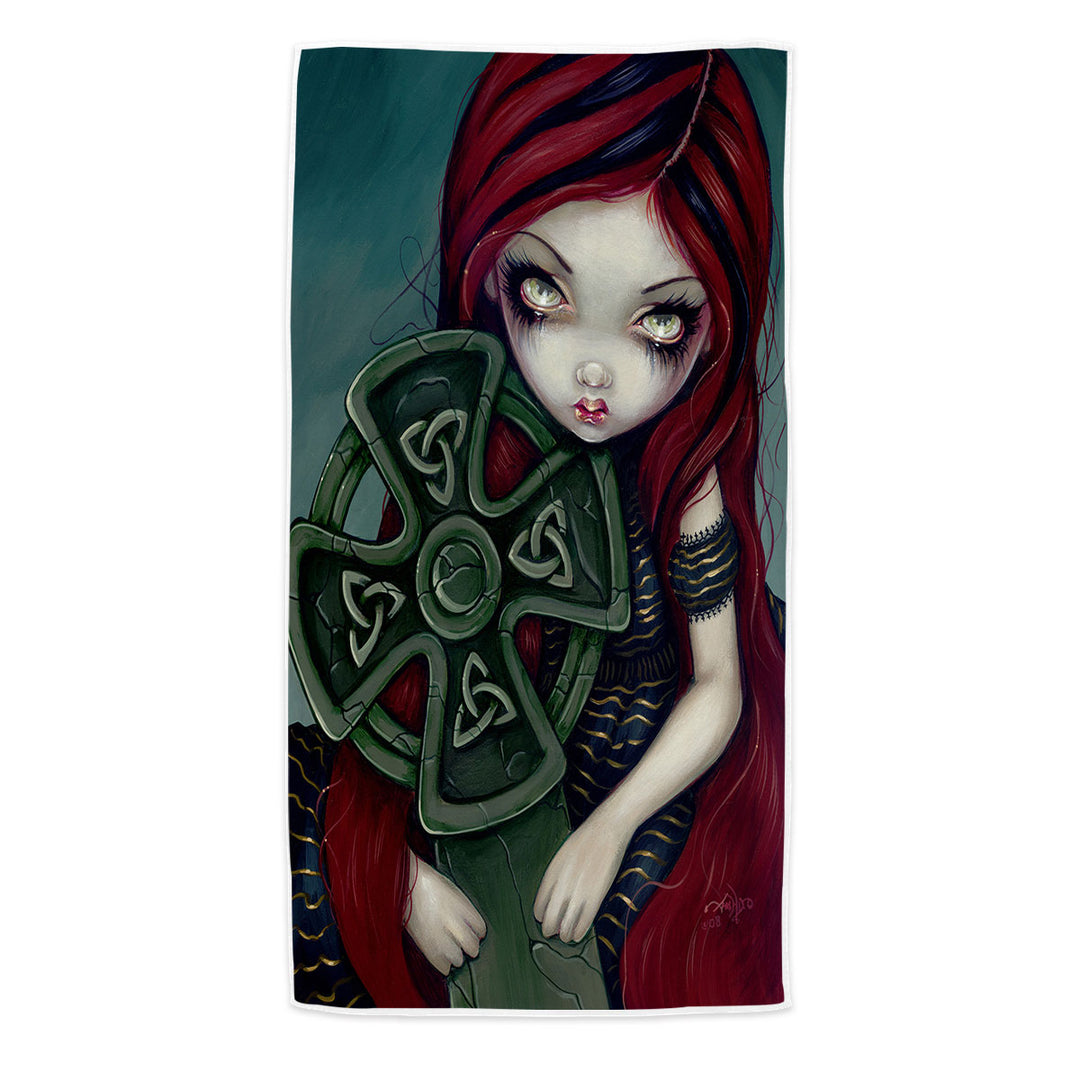 Strangely Lonely Goth Girl Holds Celtic Cross Beach Towel