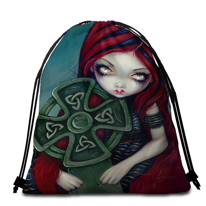 Strangely Lonely Goth Girl Holds Celtic Cross Beach Towels on Sale