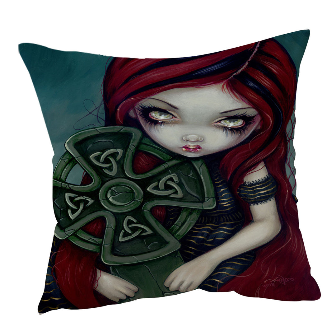 Strangely Lonely Goth Girl Holds Celtic Cross Cushion Cover