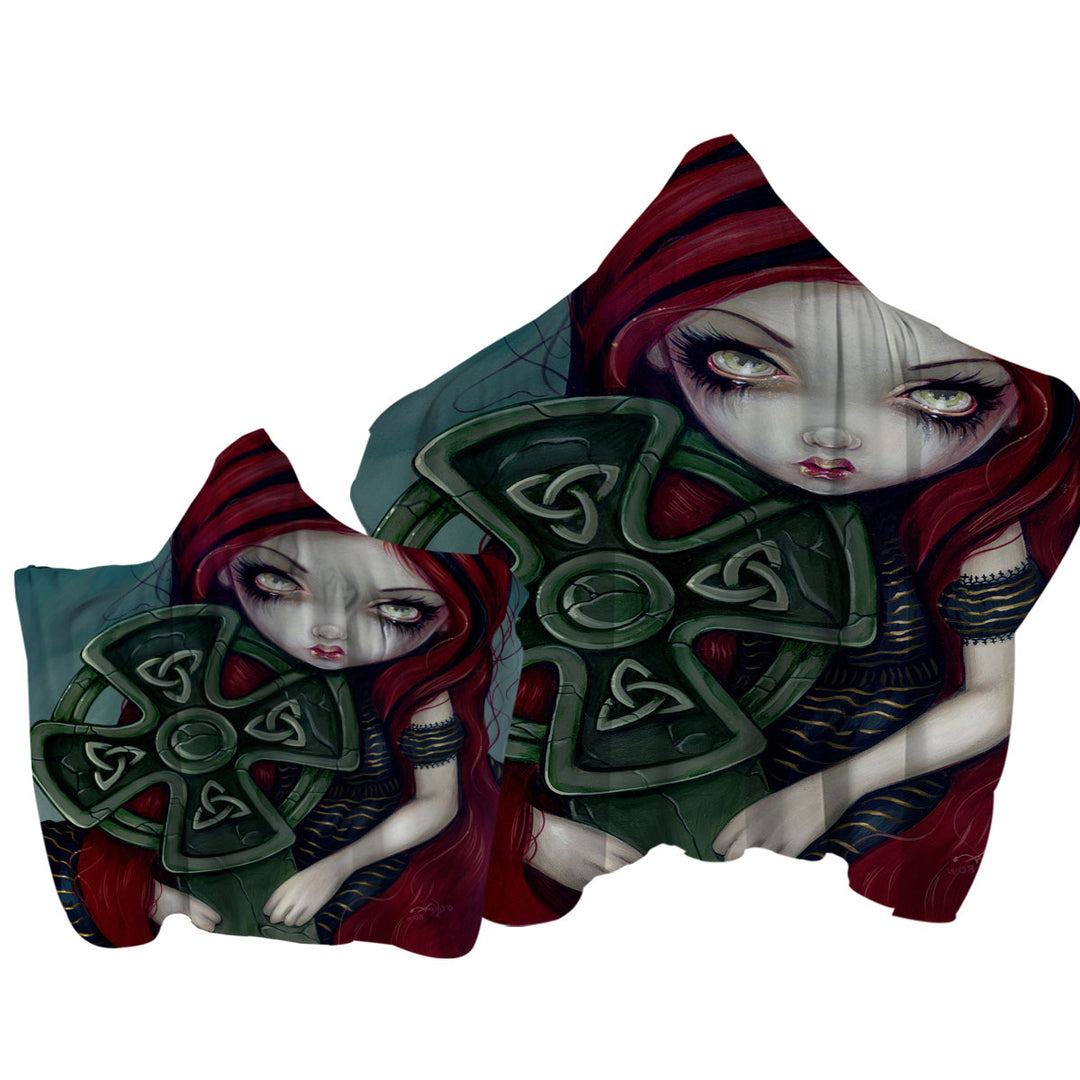 Strangely Lonely Goth Girl Holds Celtic Cross Towel with Hood