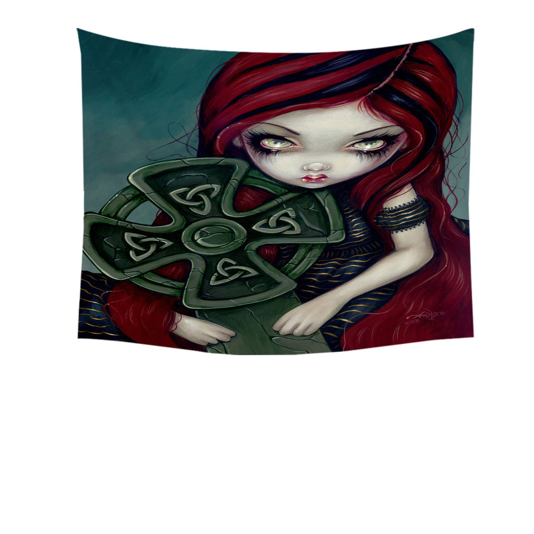 Strangely Lonely Goth Girl Holds Celtic Cross Wall Decor Tapestry