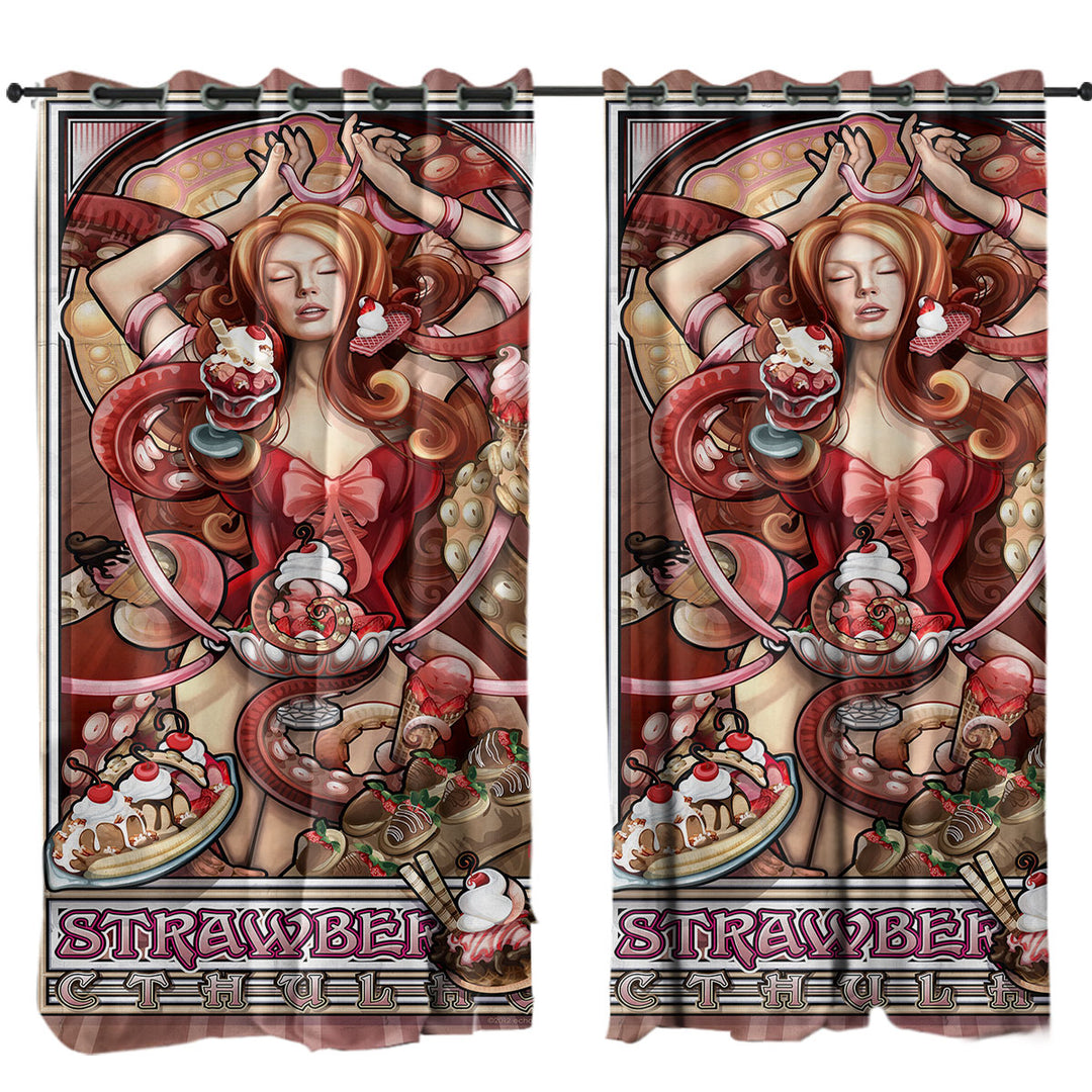 Strawberry Ice Cream Cthulhu and Beautiful Woman Curtain