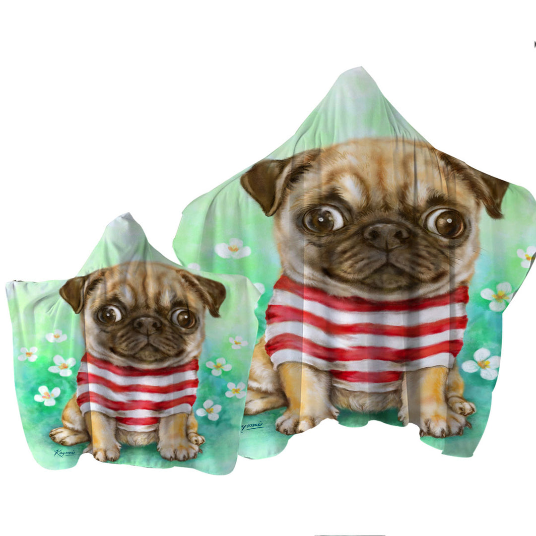 Striped Cute Pug Dog in Daisy Flower Garden Hooded Beach Towel