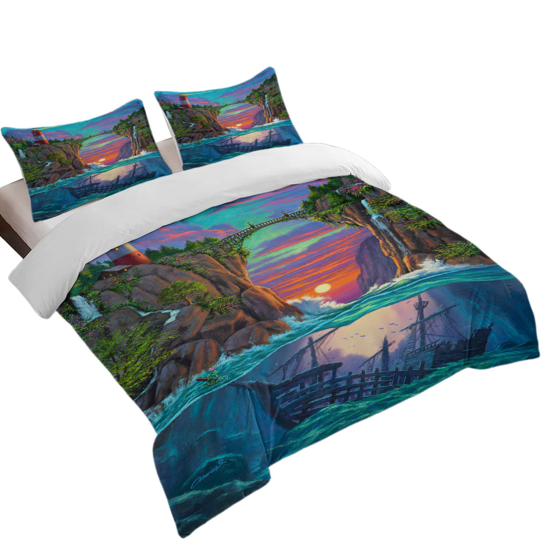 Stunning Art Sunset Sunken Ship and Lighthouse California King Duvet Cover