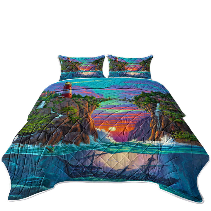 Stunning Art Sunset Sunken Ship and Lighthouse Coverlets