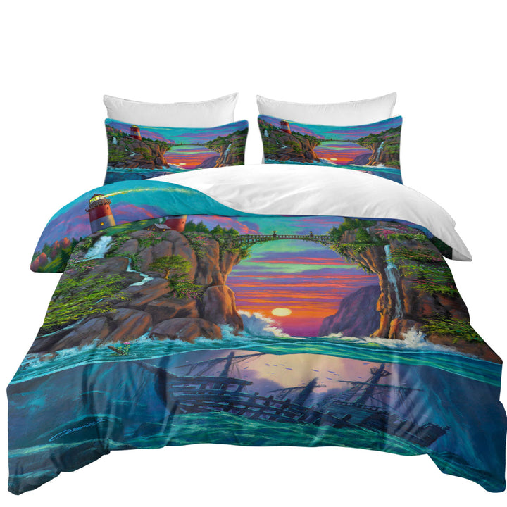 Stunning Art Sunset Sunken Ship and Lighthouse Duvet Cover