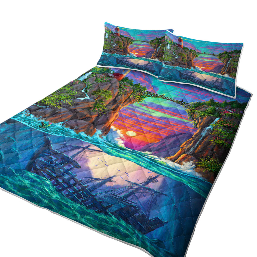 Stunning Art Sunset Sunken Ship and Lighthouse Quilts for Beds