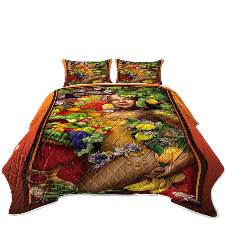 Stunning Black Woman Goddess of Fruit King Size Bedspreads