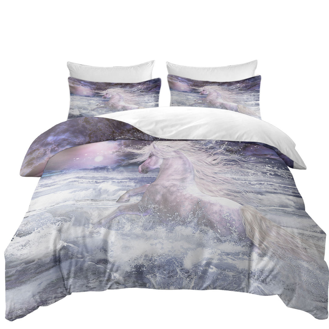 Stunning White Horse Running in the Ocean Bed Covers