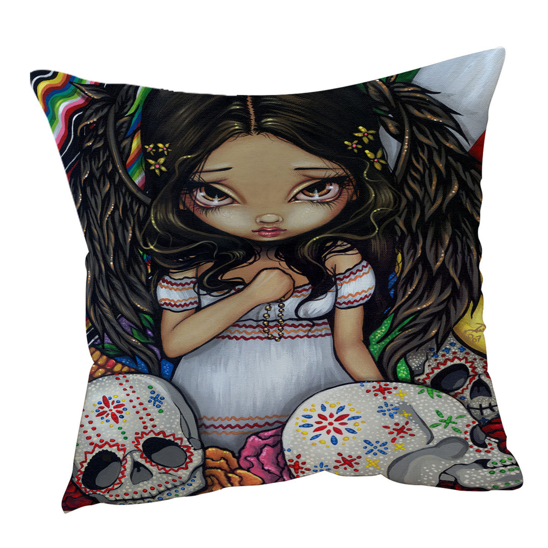 Sugar Skulls and Angel De Los Muertos Cushion Cover