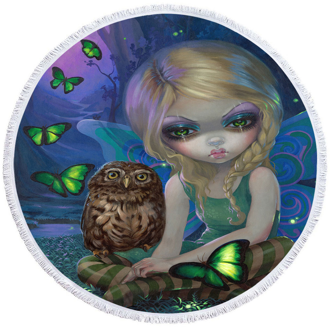 Summer Fairy with Her Owl Round Towel