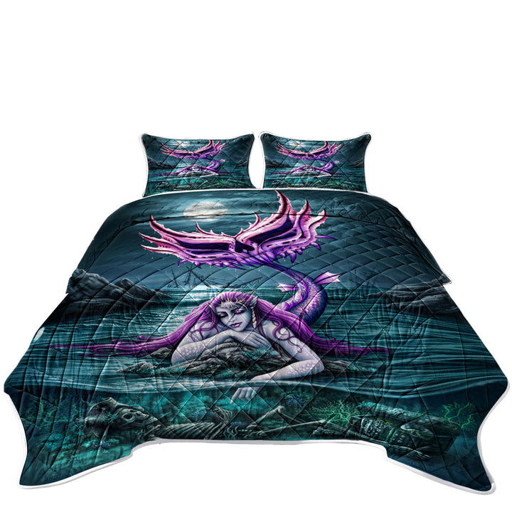 Summer Quilt with Cool Scary Ocean Art Skeleton and Mermaid