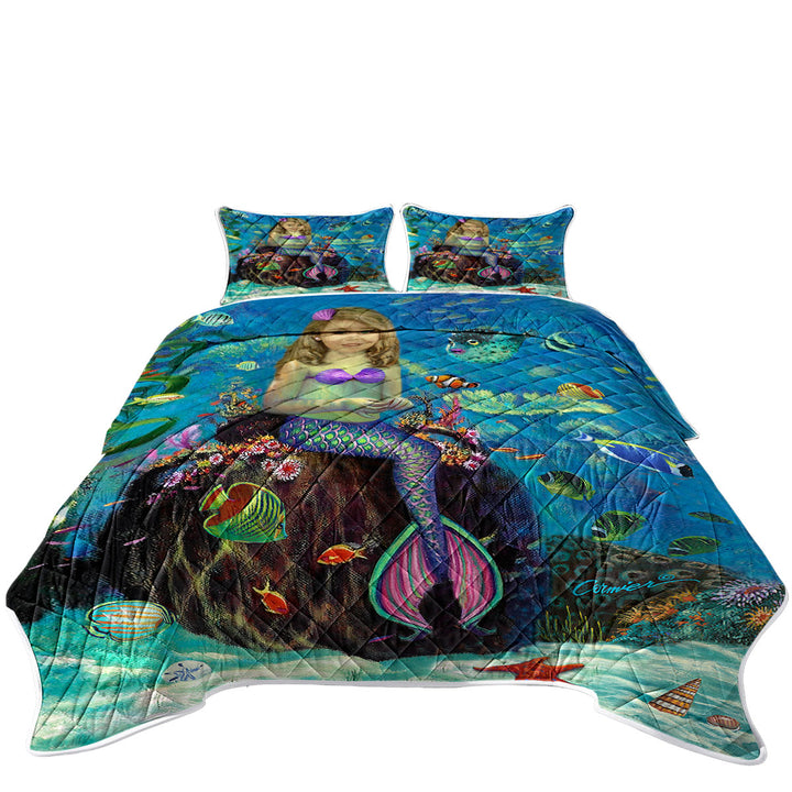 Summer Quilt with Underwater Art Fish and Girl Mermaid on Urn