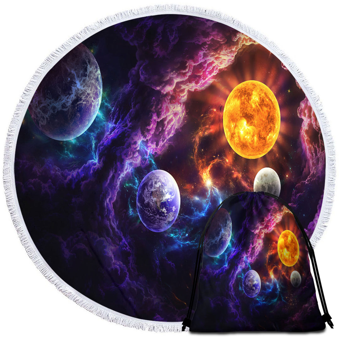 Sun Earth Space Plan of Salvation Round Beach Towel