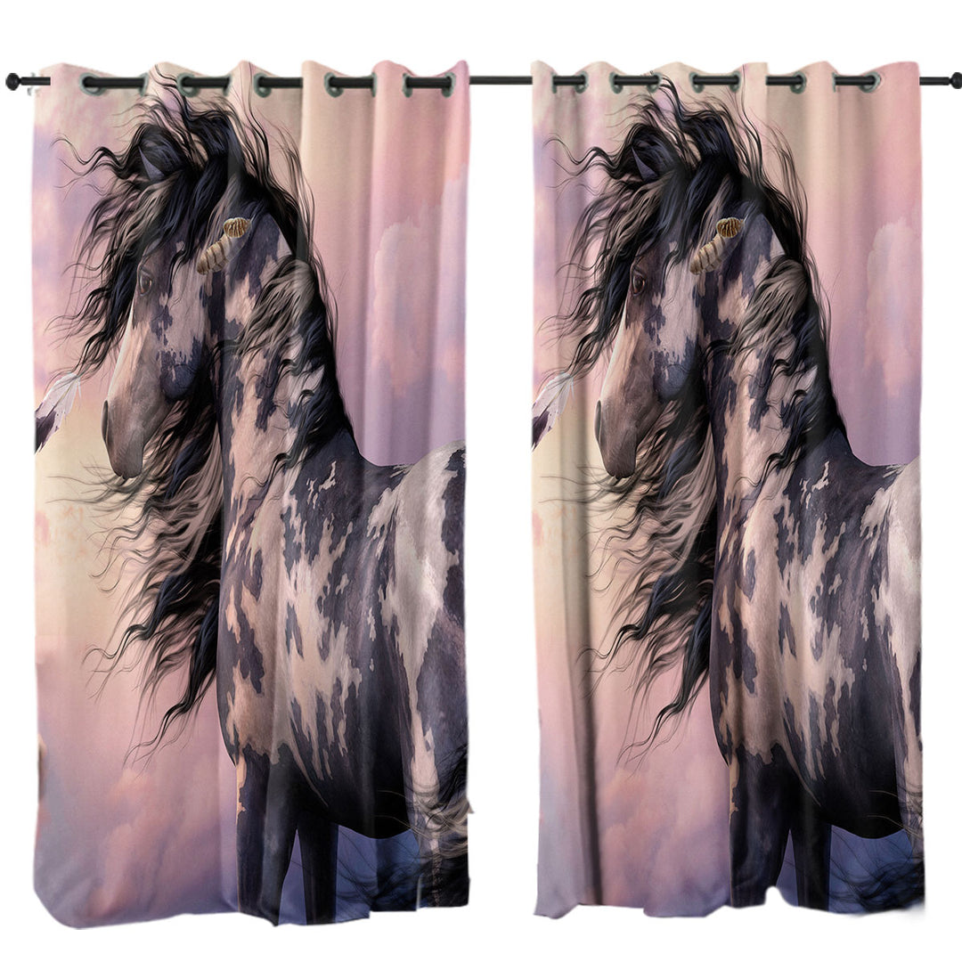 Sunset Clouds behind Black and White Pinto Horse Curtains for Bedroom