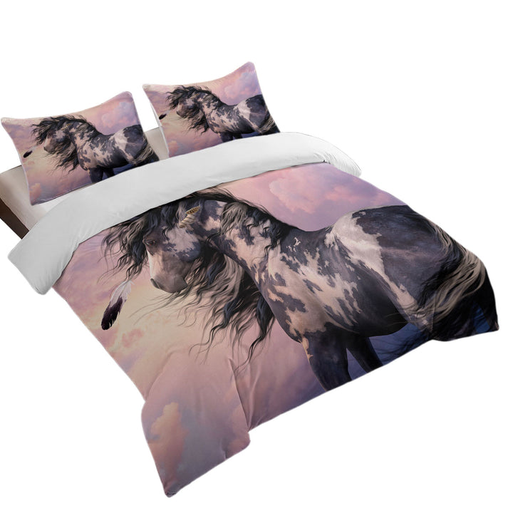 Sunset Clouds behind Black and White Pinto Horse Duvet Covers