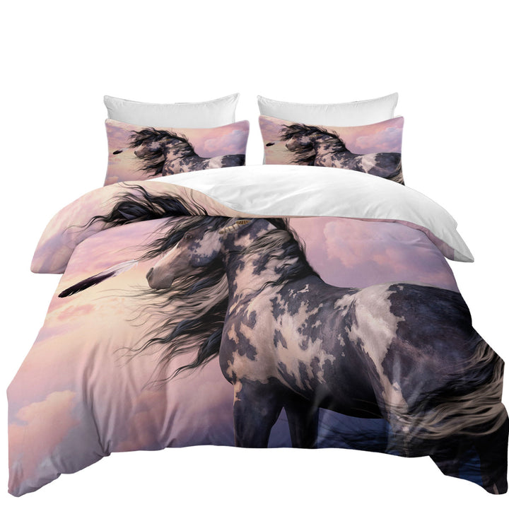 Sunset Clouds behind Black and White Pinto Horse full Size Duvet Cover