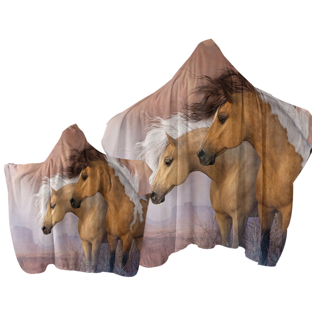 Sunset Gold Wild American Horses Hooded Beach Towel