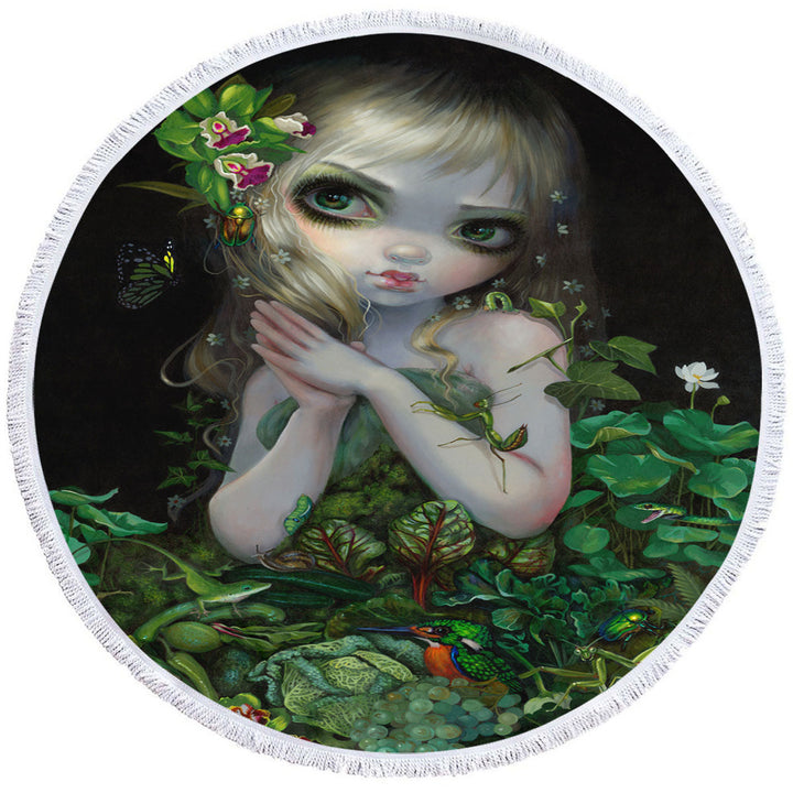 Surrealism Art Prints Green Goddess Girl Round Beach Towel