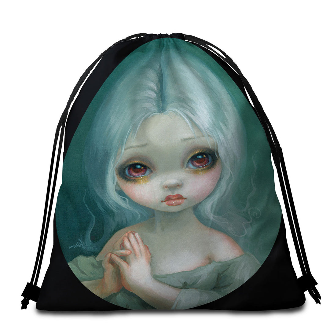 Sweet Beach Bags and Towels Wishful Thinking Sweet Big Eyed Girl Painting