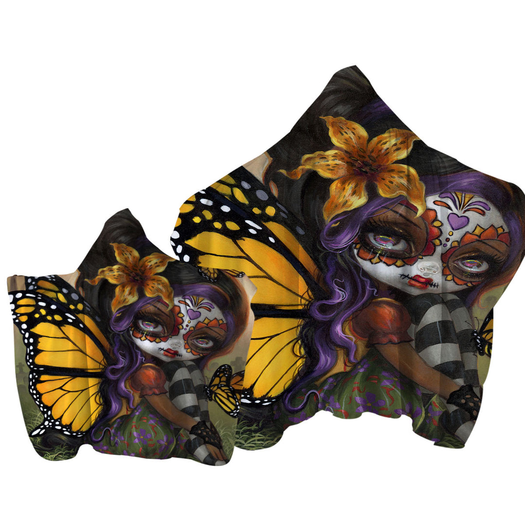 Sweet Isabella Day of the Dead Butterfly Girl Hooded Beach Towel