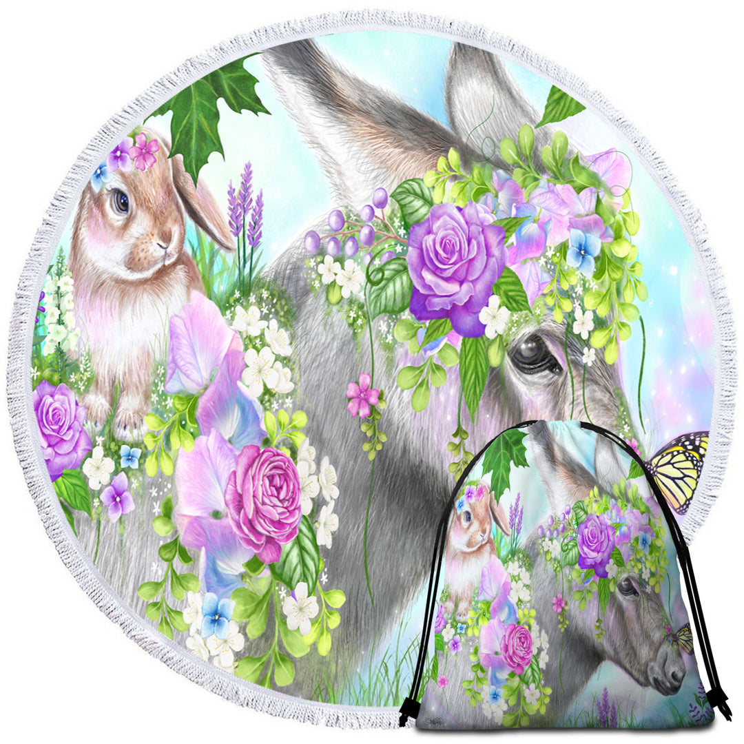 Sweet Pea Spring Bunny and Donkey Round Beach Towel