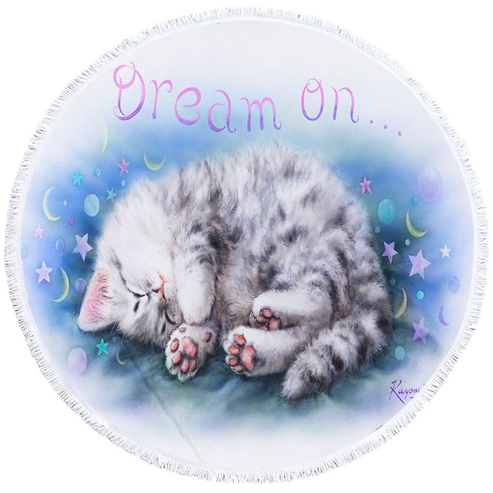 Sweet Round Beach Towel Sleeping Grey Kitten Cat Art